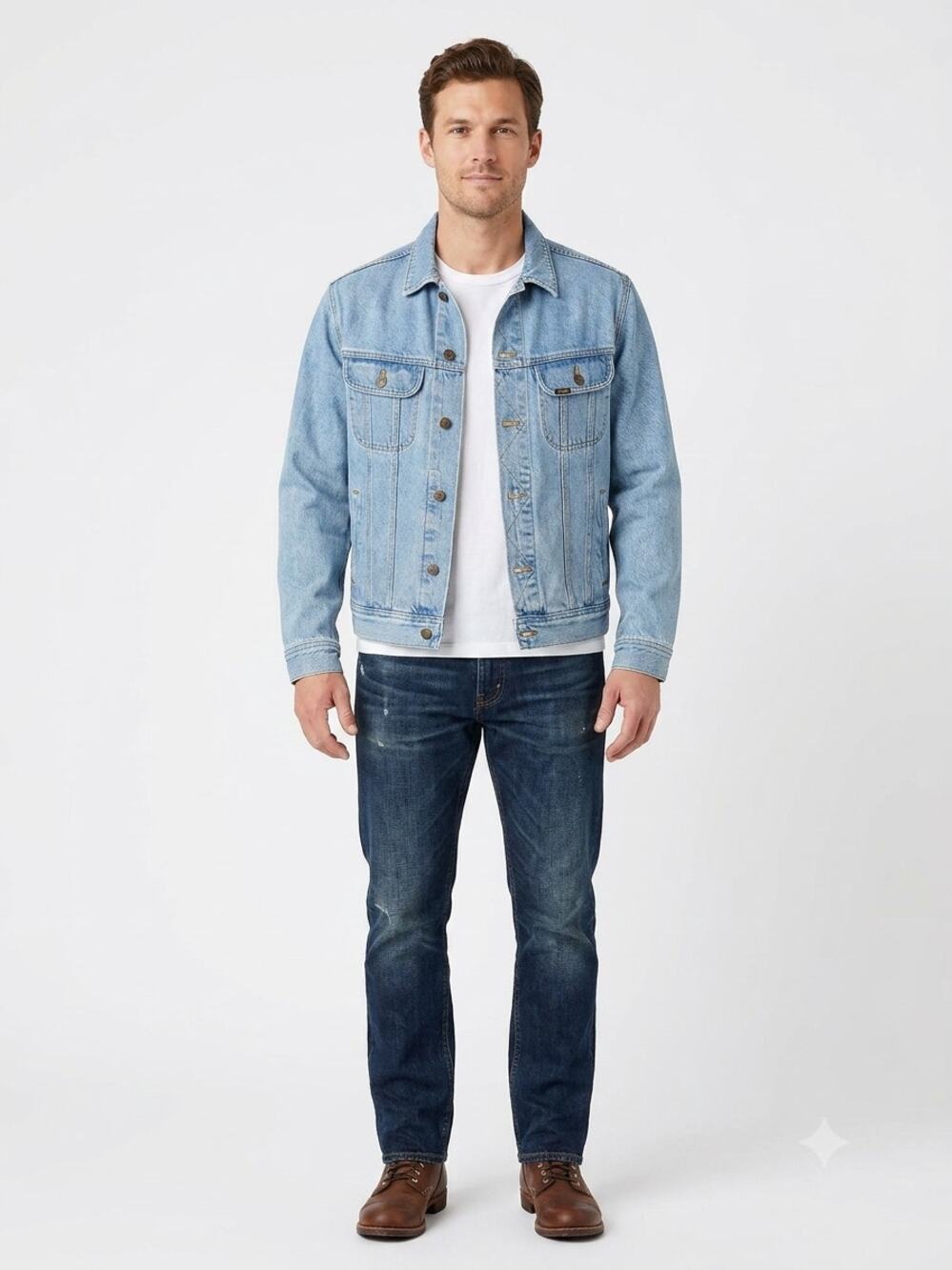 Wrangler Rugged Wear Trucker Jacket Mens M Blue Light Wash Denim Button Front